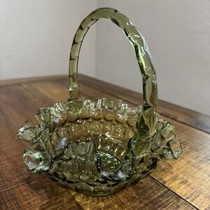 VTG Fenton Dish Large Green Ruffled Edge Thumbprint Candy Dish Bowl Basket